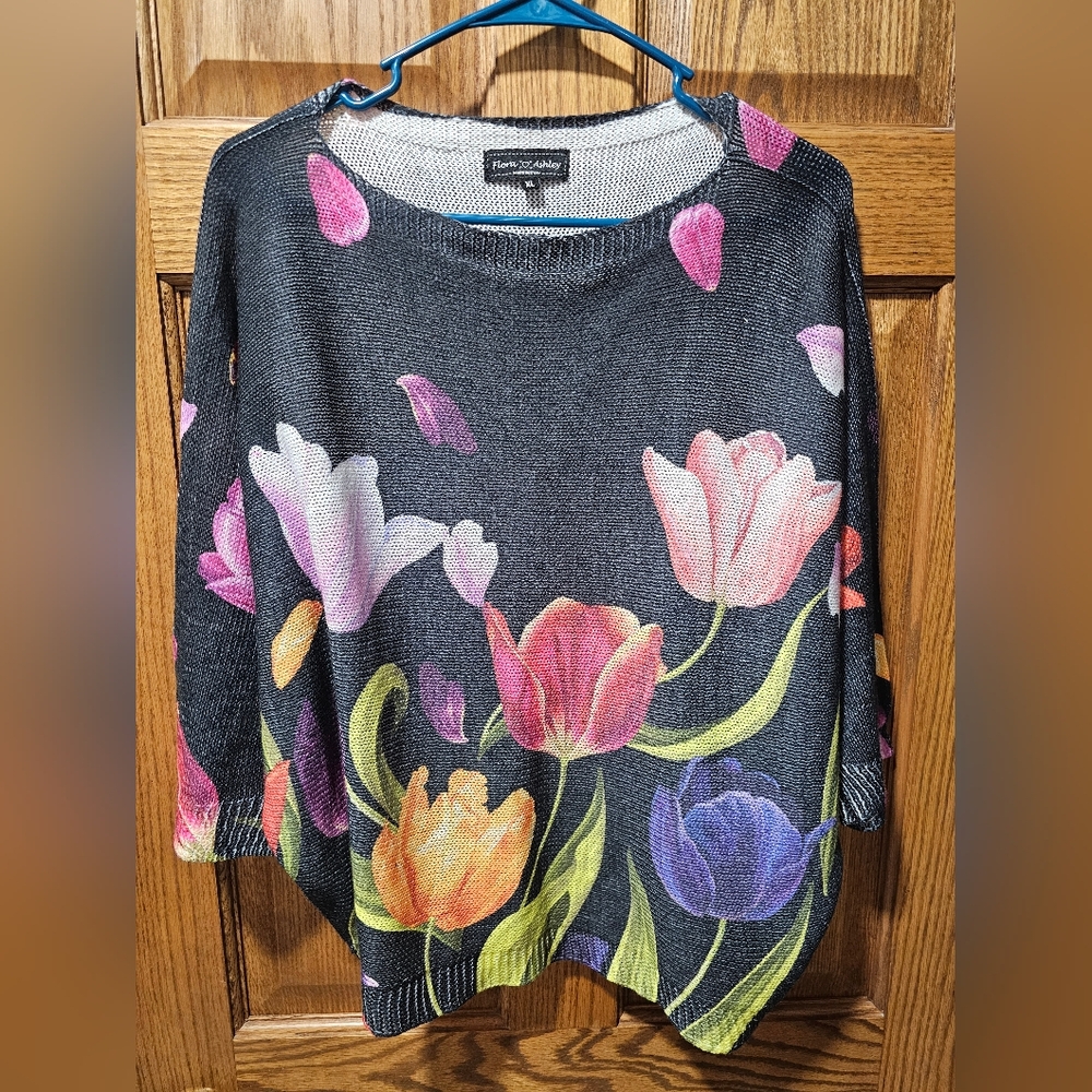 Floral Women's Sweater - Black with Multicolor Tulips